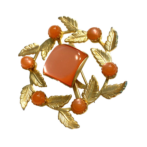 Vintage Mid Century Brooch Gold & Peach Moonglow Beads Floral Vines Wreath Pin - Picture 4 of 7